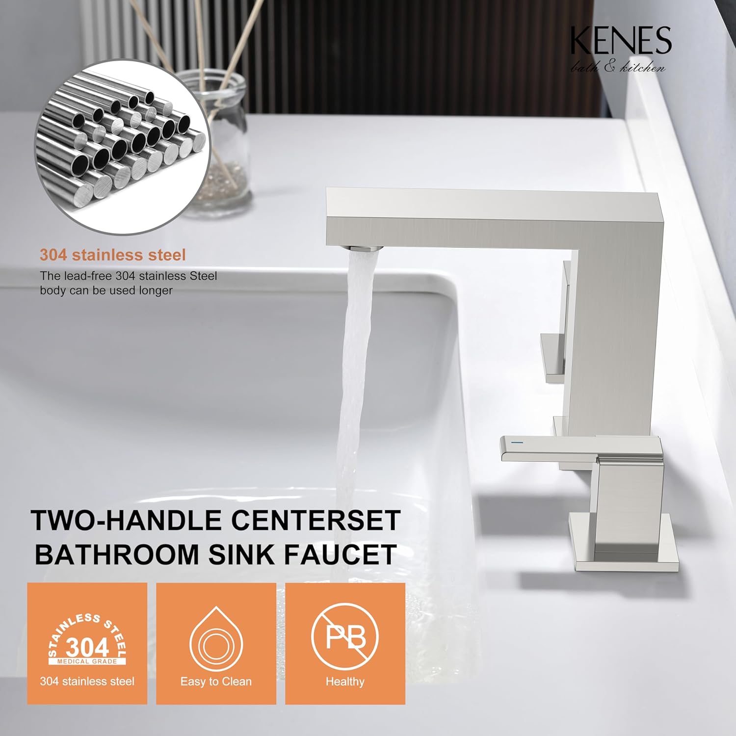 KENES Brushed Nickel Widespread Bathroom Faucet 2 Handle Bathroom Sink Faucet 3 Hole, 8-Inch 3 Pieces Vanity Faucet with Pop Up Drain & Supply Lines, KE-9050-P